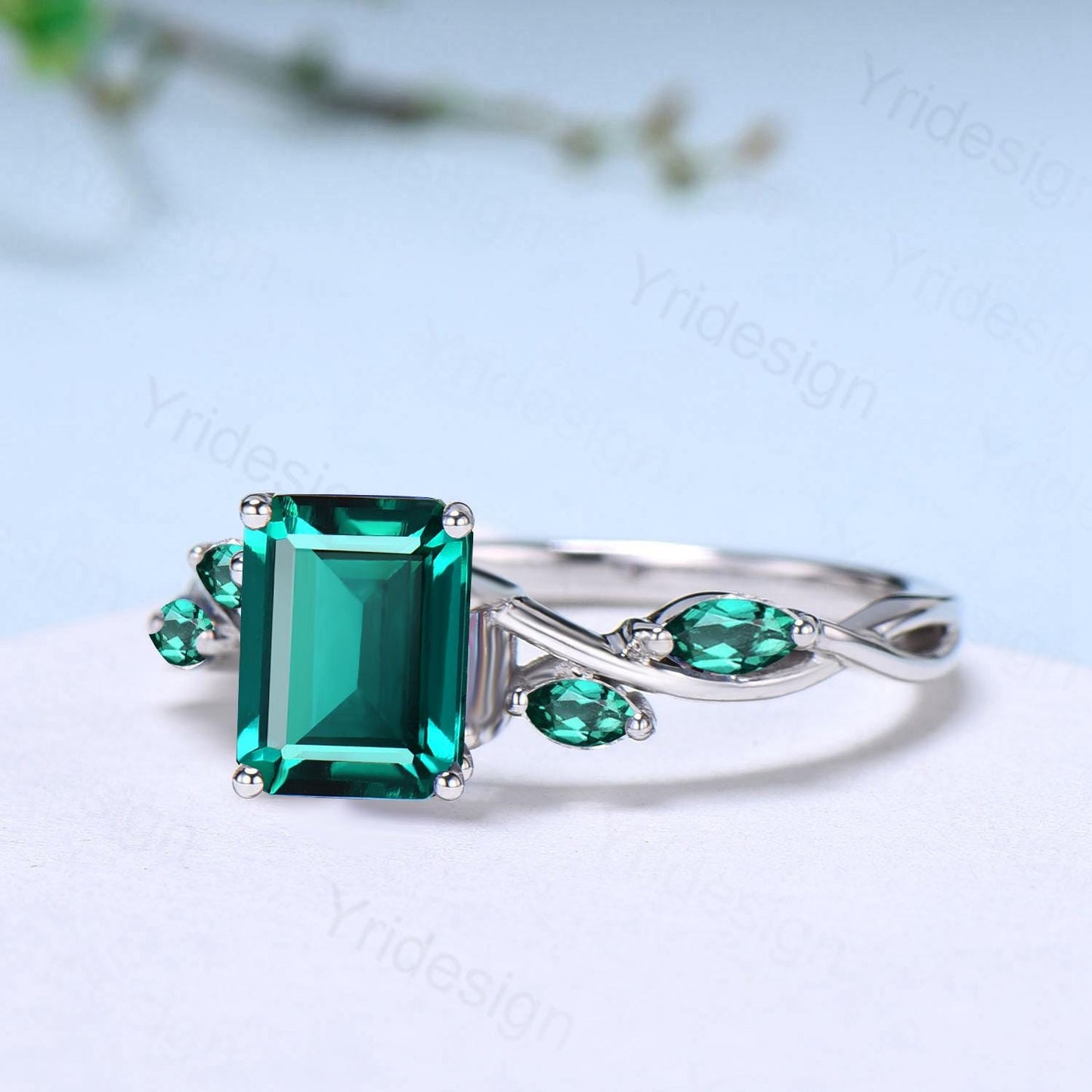 Unique Emerald Cut Emerald Engagement Ring Five Stone Marquise Emerald Eternity Wedding Ring For Women Split Shank Promise Ring Gift Women