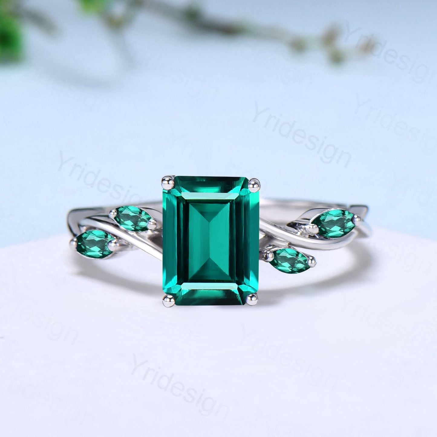 Unique Emerald Cut Emerald Engagement Ring Five Stone Marquise Emerald Eternity Wedding Ring For Women Split Shank Promise Ring Gift Women