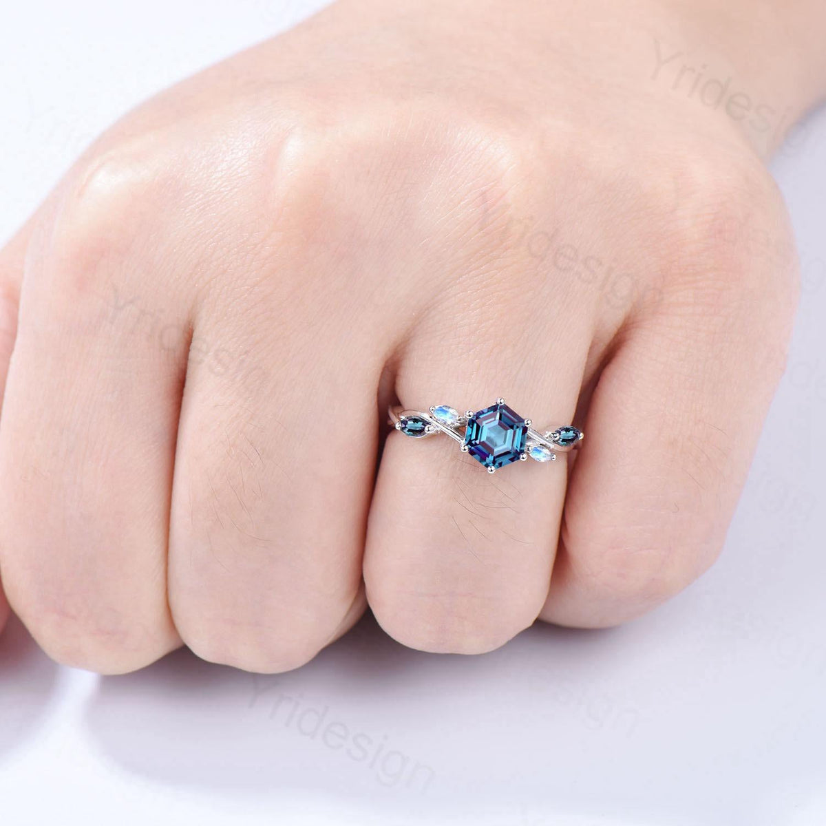 Five stone blue sapphire engagement ring emerald cut twig vine September birthstone engagement ring marquise sapphire anniversary gift women