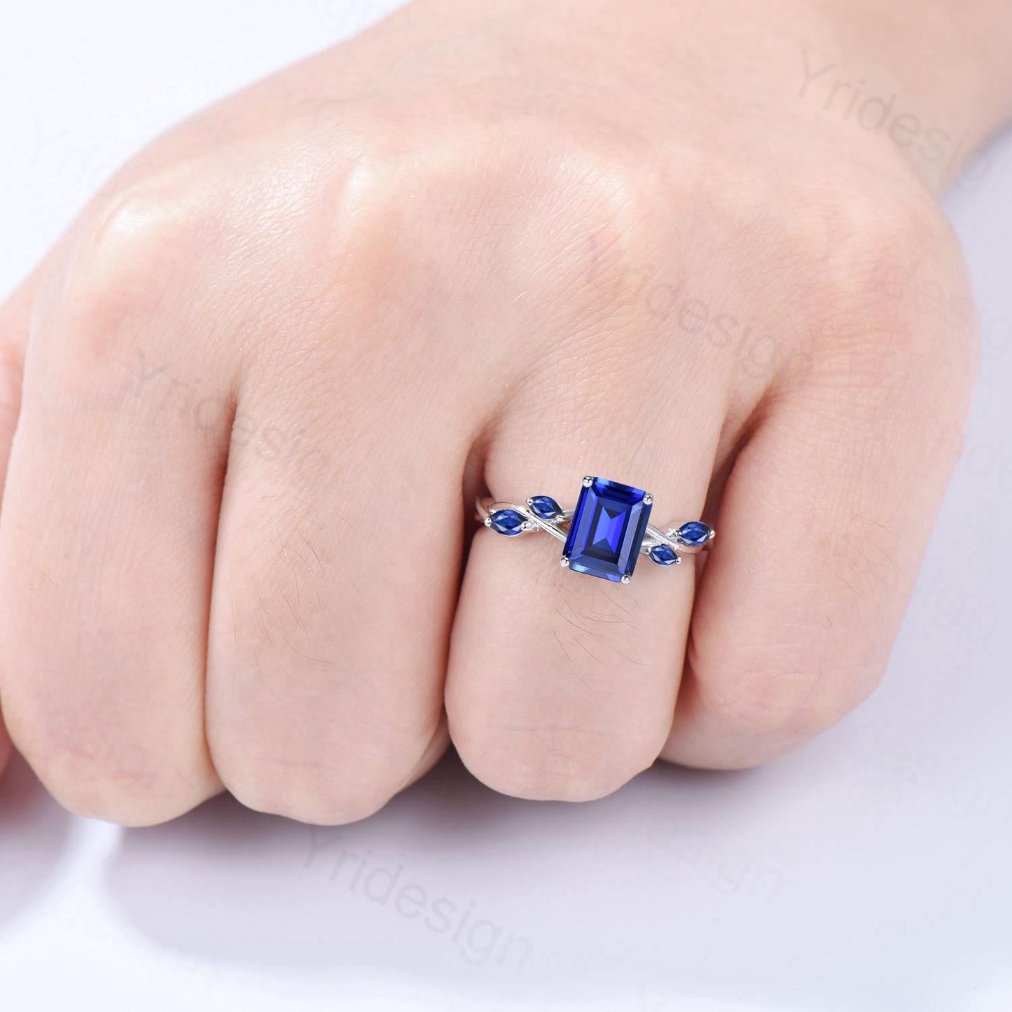 Five stone blue sapphire engagement ring emerald cut twig vine September birthstone engagement ring marquise sapphire anniversary gift women