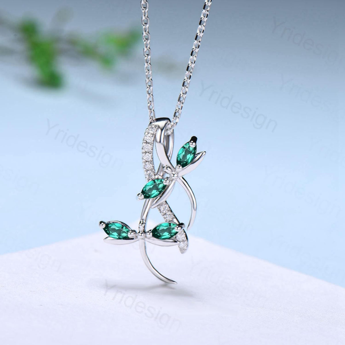 Nature Inspired Emerald Necklace Unique Marquise Emerald Dragonfly Accompany Necklace Pendant Necklace May Birthstone Anniversary Gift Women