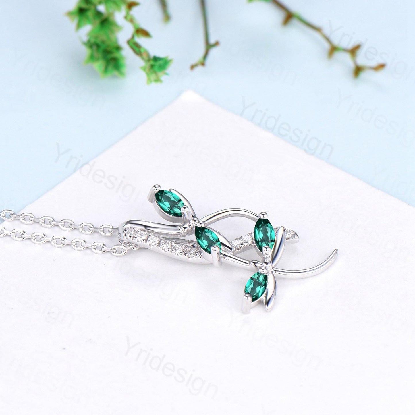 Nature Inspired Emerald Necklace Unique Marquise Emerald Dragonfly Accompany Necklace Pendant Necklace May Birthstone Anniversary Gift Women