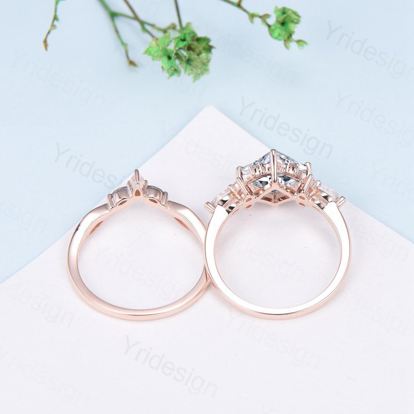 Vintage 2CT Princess Cut Moissanite Engagement Ring Cluster Moissanite Diamond Wedding Ring Set 2pcs Bridal Ring 14K Rose Gold Bridal Set
