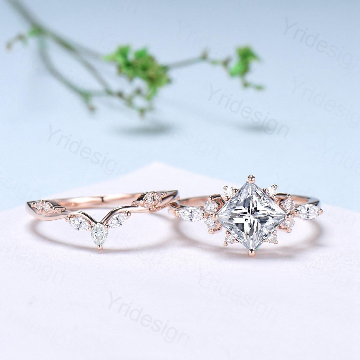 Vintage 2CT Princess Cut Moissanite Engagement Ring Cluster Moissanite Diamond Wedding Ring Set 2pcs Bridal Ring 14K Rose Gold Bridal Set