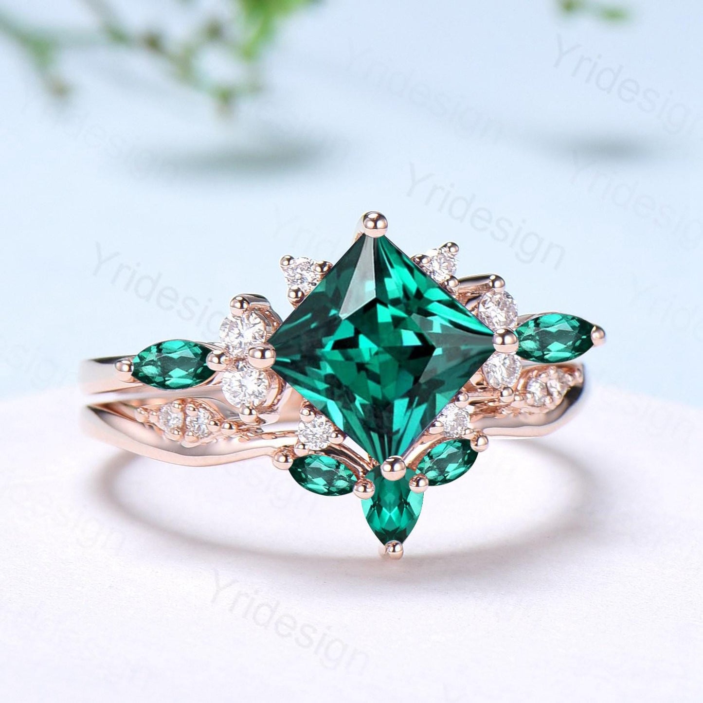Vintage 2CT Princess Cut Emerald Engagement Ring Cluster Marquise Green Gemstone Wedding Ring Set 2pcs Bridal Anniversary Ring 14K Rose Gold
