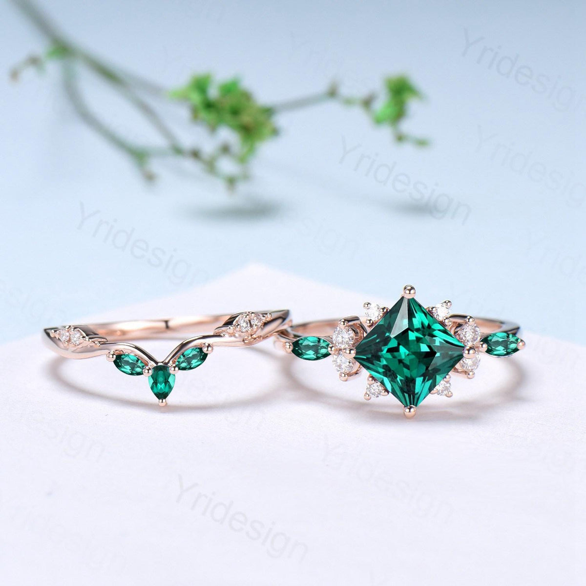 Vintage 2CT Princess Cut Emerald Engagement Ring Cluster Marquise Green Gemstone Wedding Ring Set 2pcs Bridal Anniversary Ring 14K Rose Gold