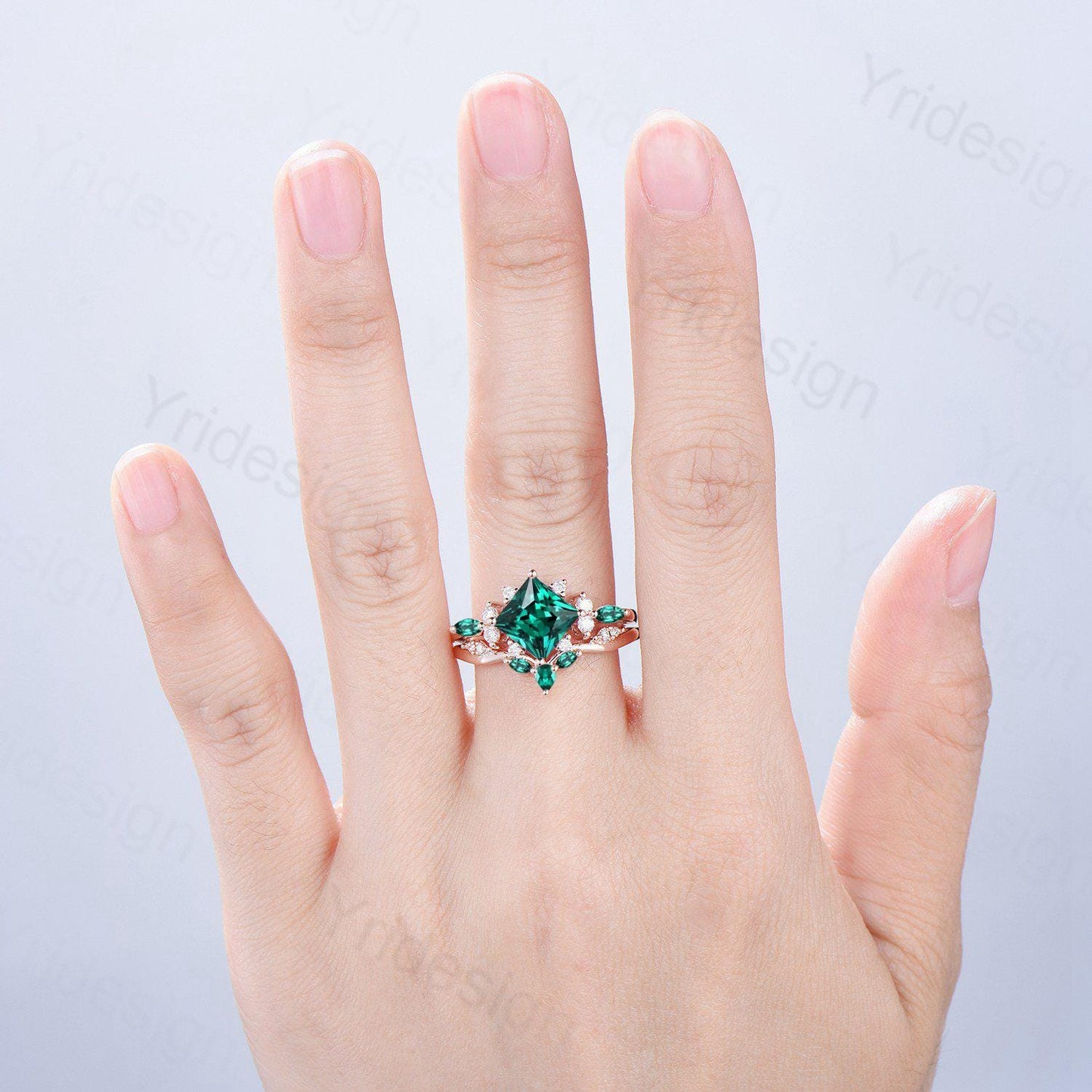 Vintage 2CT Princess Cut Emerald Engagement Ring Cluster Marquise Green Gemstone Wedding Ring Set 2pcs Bridal Anniversary Ring 14K Rose Gold