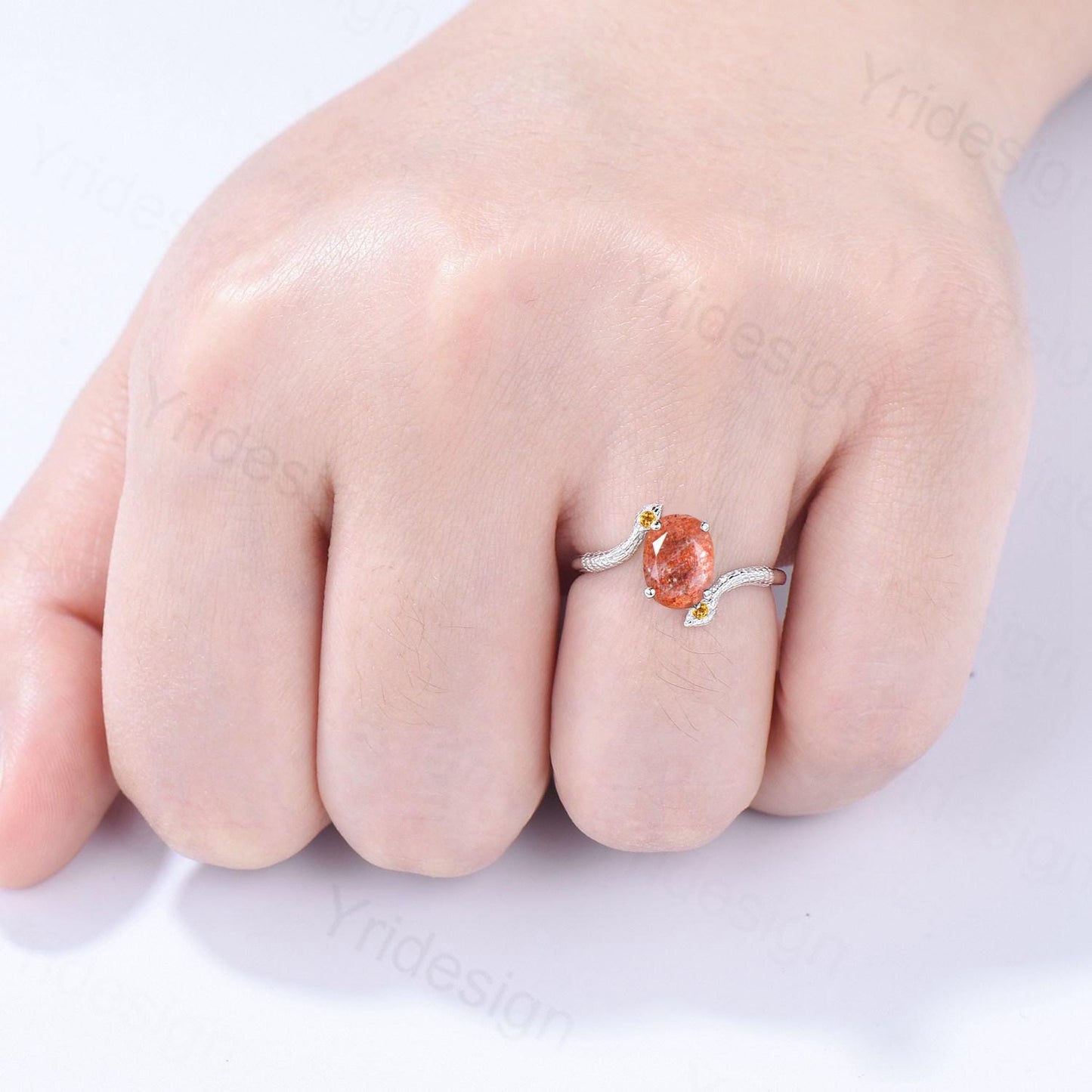 Unique Snake sunstone engagement ring oval cut cold-blooded citrine three stone wedding ring women anniversary promise gift for daughter