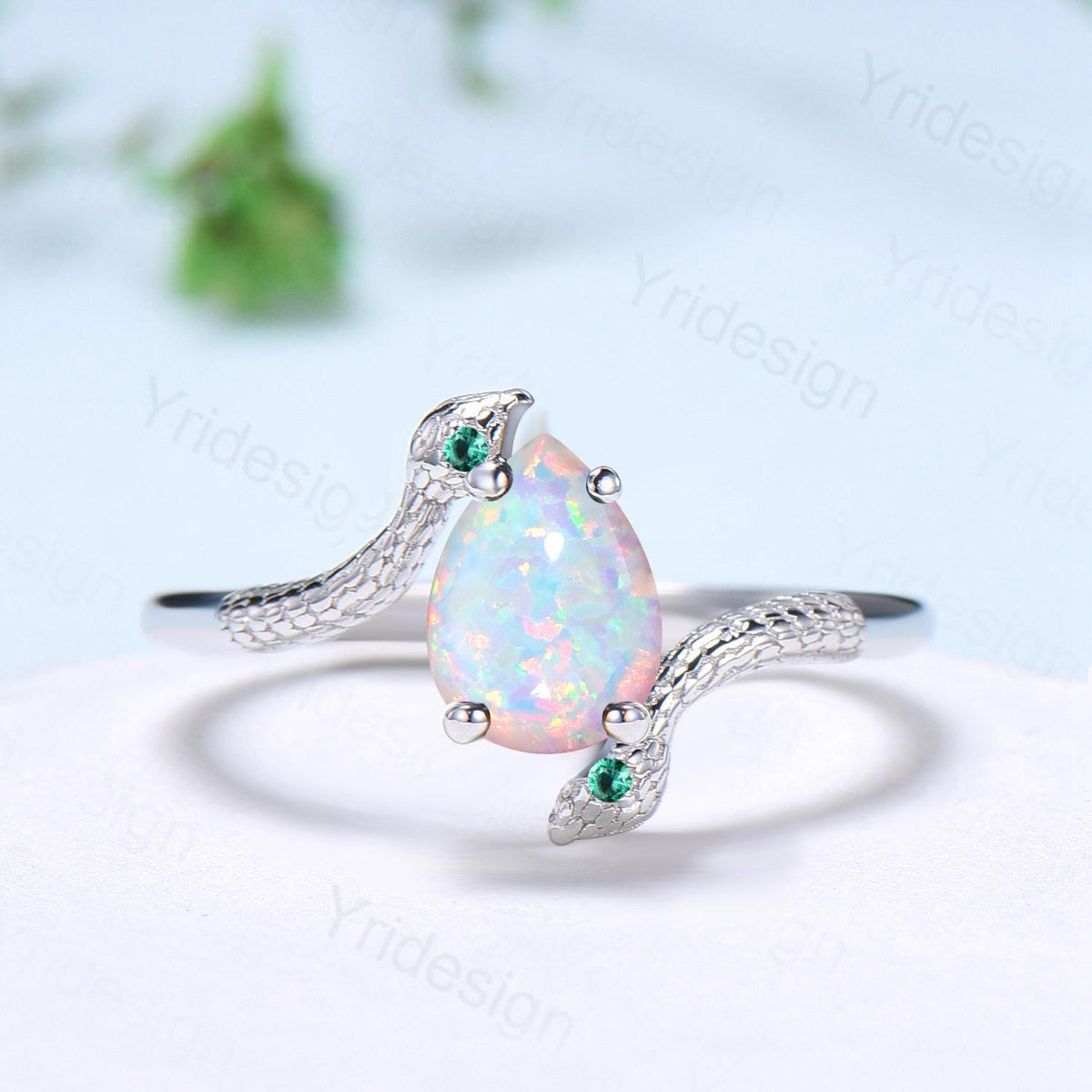 Unique Snake white fire opal engagement ring cold-blooded pear shaped opal emerald three stone wedding ring women anniversary promise gift