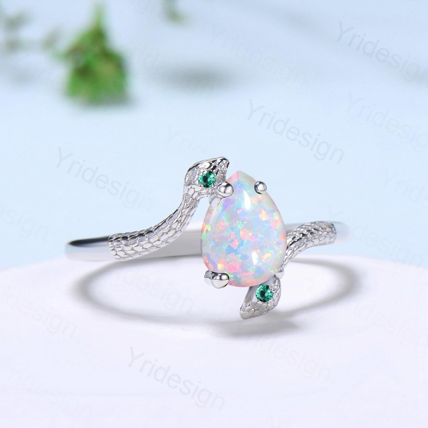 Unique Snake white fire opal engagement ring cold-blooded pear shaped opal emerald three stone wedding ring women anniversary promise gift