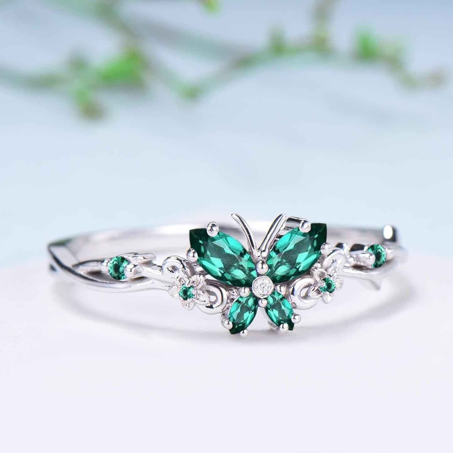 Vintage Butterfly Emerald Engagement Ring Unique marquise cut green gemstone silver white gold flower promise ring anniversary gift women