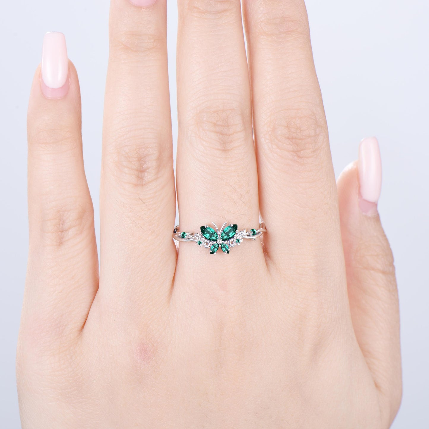 Vintage Butterfly Emerald Engagement Ring Unique marquise cut green gemstone silver white gold flower promise ring anniversary gift women