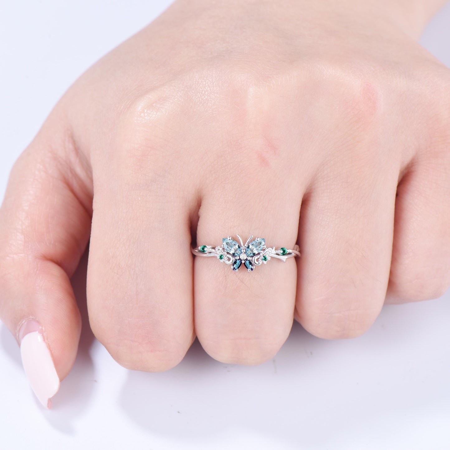 Vintage Butterfly Aquamarine Engagement Ring Unique marquise cut alexandrite emerald silver white gold flower promise ring anniversary gift