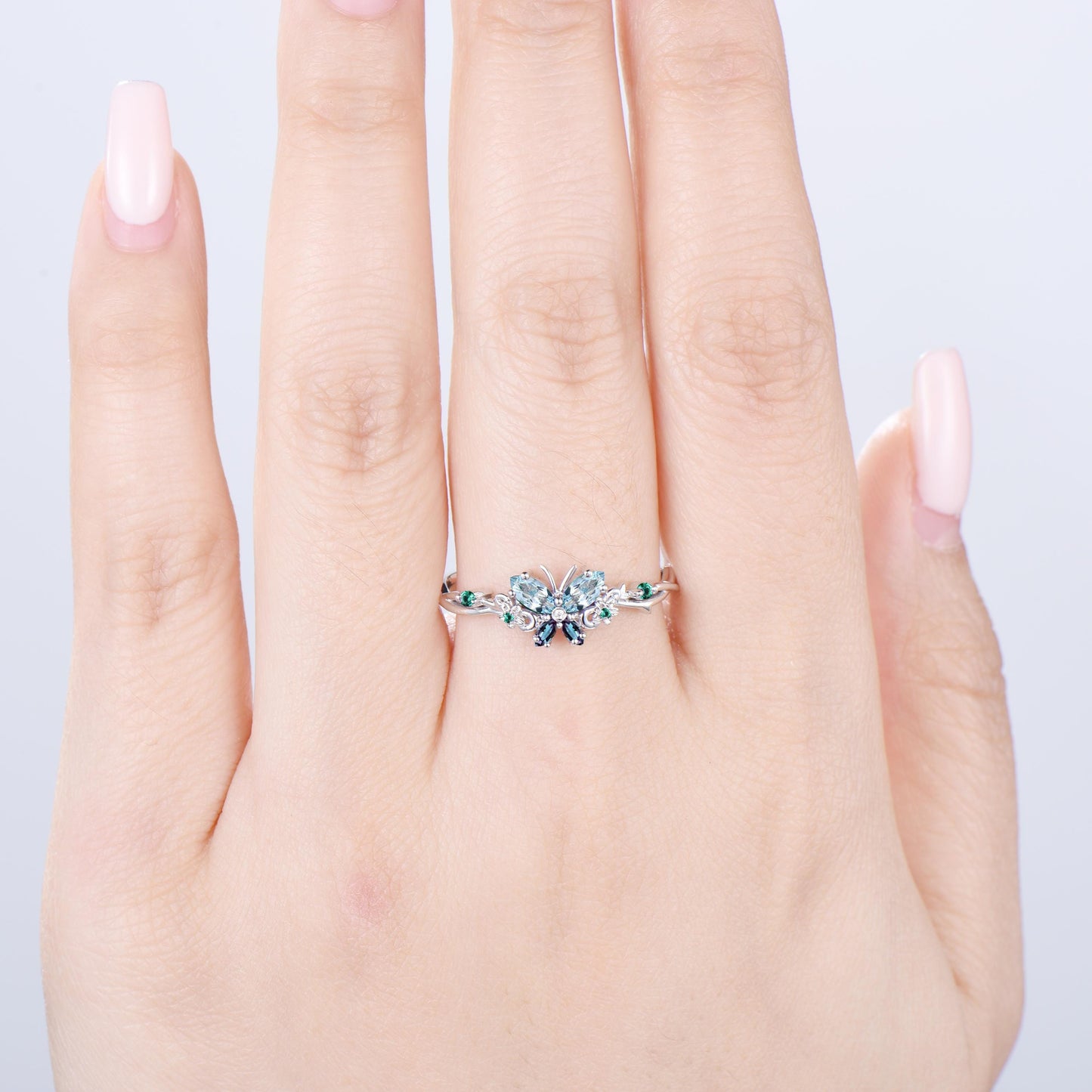 Vintage Butterfly Aquamarine Engagement Ring Unique marquise cut alexandrite emerald silver white gold flower promise ring anniversary gift