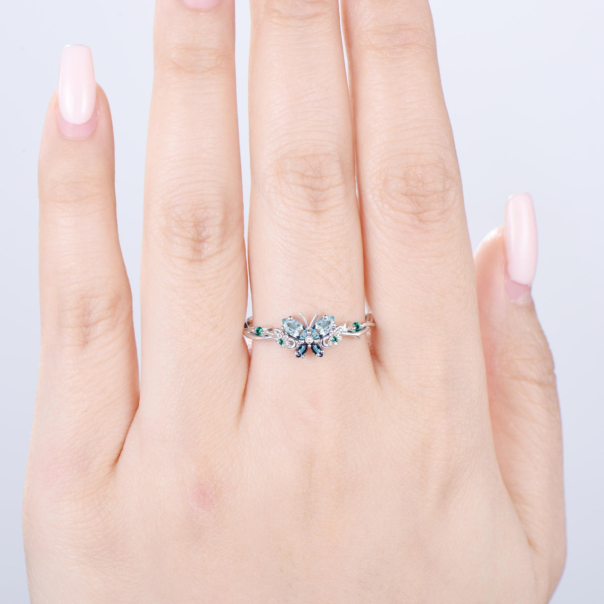 Vintage Butterfly Aquamarine Engagement Ring, Alexandrite Emerald Floral Design