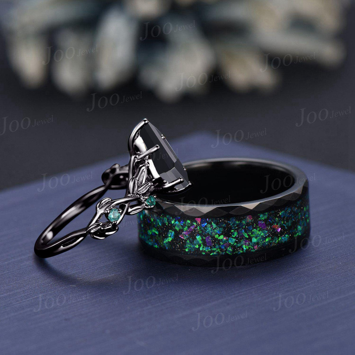 Natural Kite Black Onyx Tungsten Wedding Ring Set Men Green Emerald Couple Promise Rings Marriage Anniversary Gift Outer Space Galaxy Band