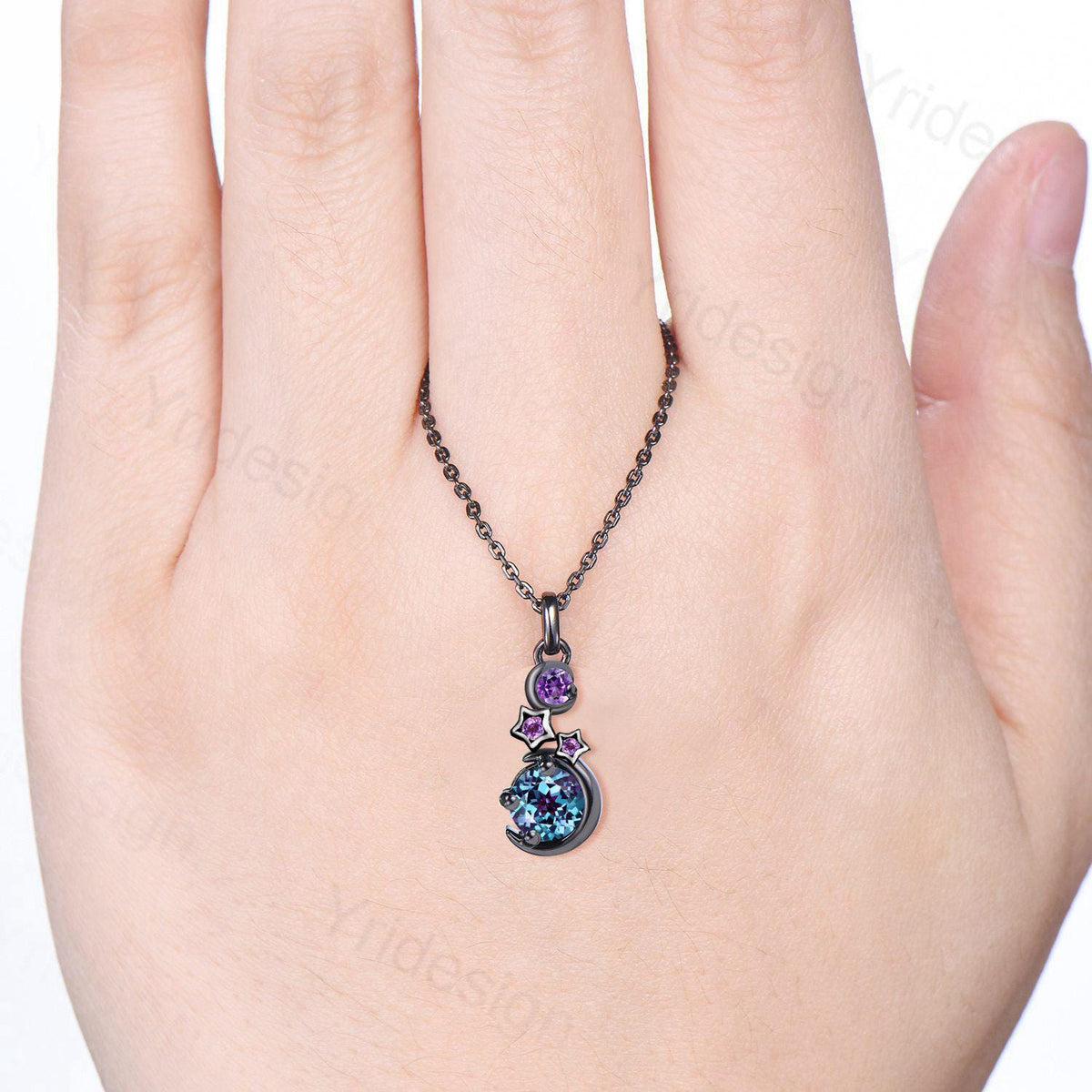 Unique Moon Star Necklace Black Gold Alexandrite Necklace Amethyst Pendant Necklace Halloween Gothic Promise Anniversary gift for daughter