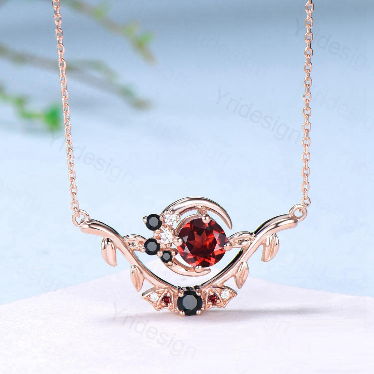 Unique Round Garnet Pendant Necklace Night Moon Bat blood Necklace Magic Crescent Moon Leaf Branch Necklace Spinel Anniversary gift Women