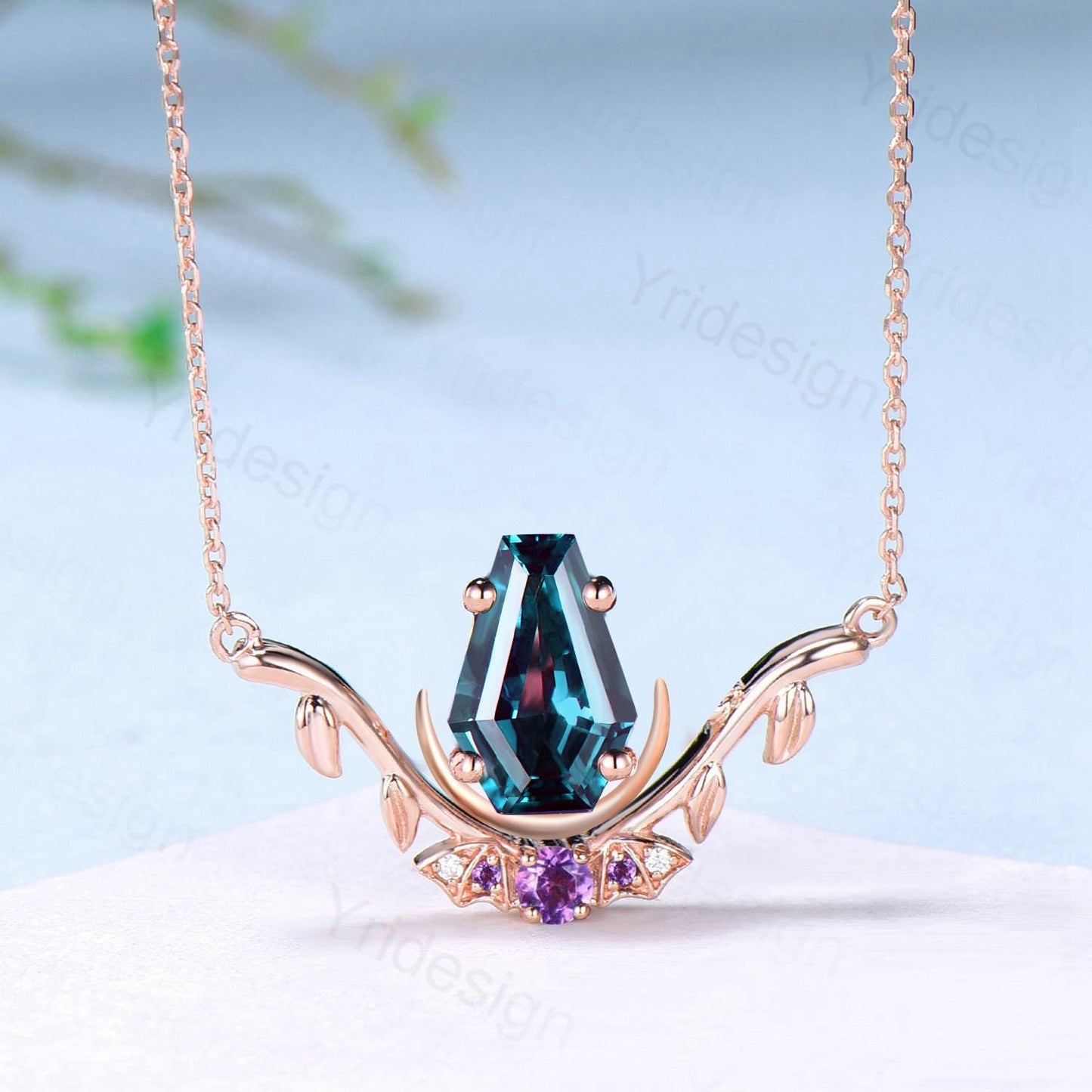 Unique Coffin Cut Alexandrite Pendant Necklace Night Moon Bat Necklace Amethyst Leaf Vine Branch Necklace Halloween Anniversary gift Women