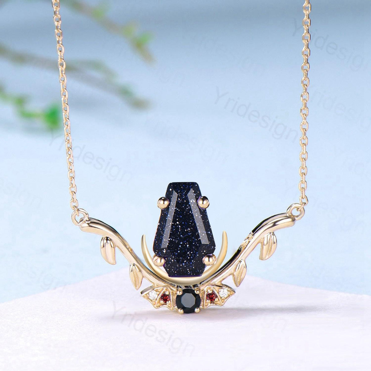 Unique Coffin Cut Blue Sandstone Pendant Necklace Night Moon Bat Necklace Garnet Spinel Leaf Vine Branch Necklace Anniversary gift for Women
