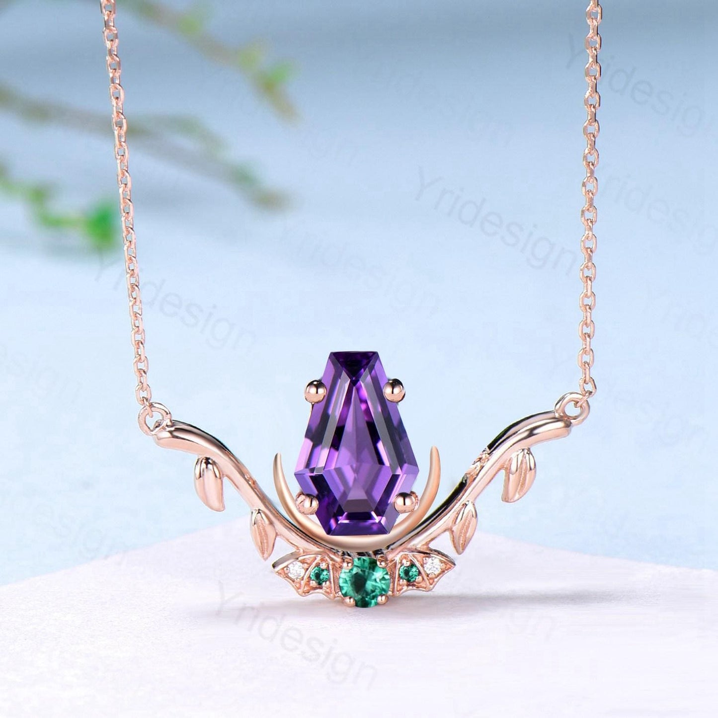 Unique Coffin Cut Amethyst Pendant Necklace Night Moon Bat Necklace Emerald Leaf Vine Branch Necklace Art Deco Anniversary gift for Women