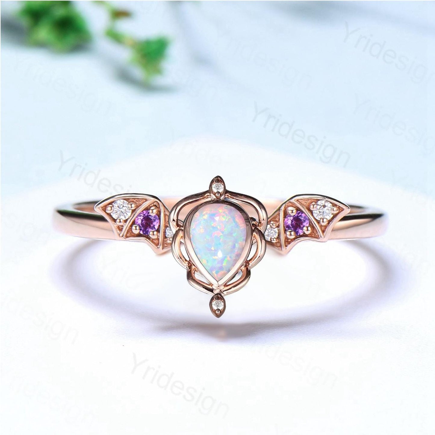 Unique Teardrop White Opal Ring Lotus Bat Art Deco Fire Opal Amethyst Engagement Ring Vintage Handmade Anniversary Proposal Gifts For Mom