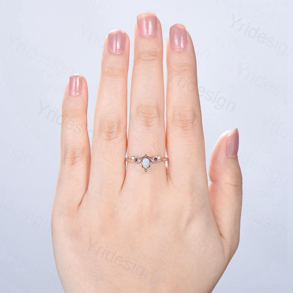 Unique Teardrop White Opal Ring Lotus Bat Art Deco Fire Opal Amethyst Engagement Ring Vintage Handmade Anniversary Proposal Gifts For Mom