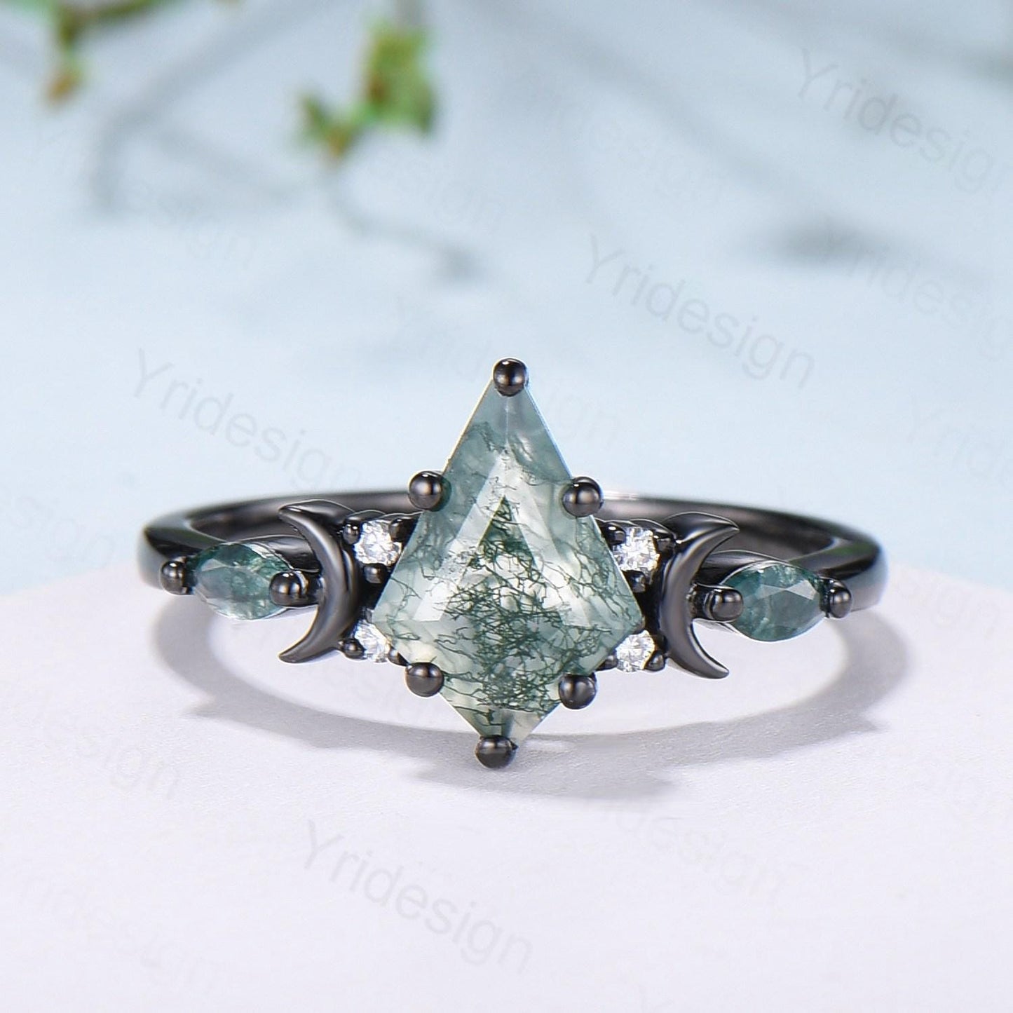 Black gold kite cut moss agate ring Unique crescent moon star engagement ring art deco delicate bridal wedding set handmade anniversary gift
