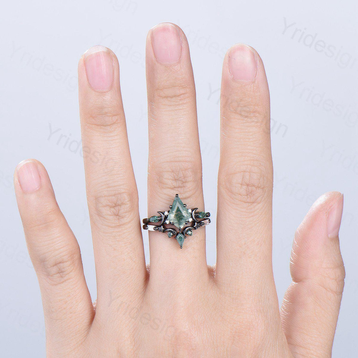Black gold kite cut moss agate ring Unique crescent moon star engagement ring art deco delicate bridal wedding set handmade anniversary gift