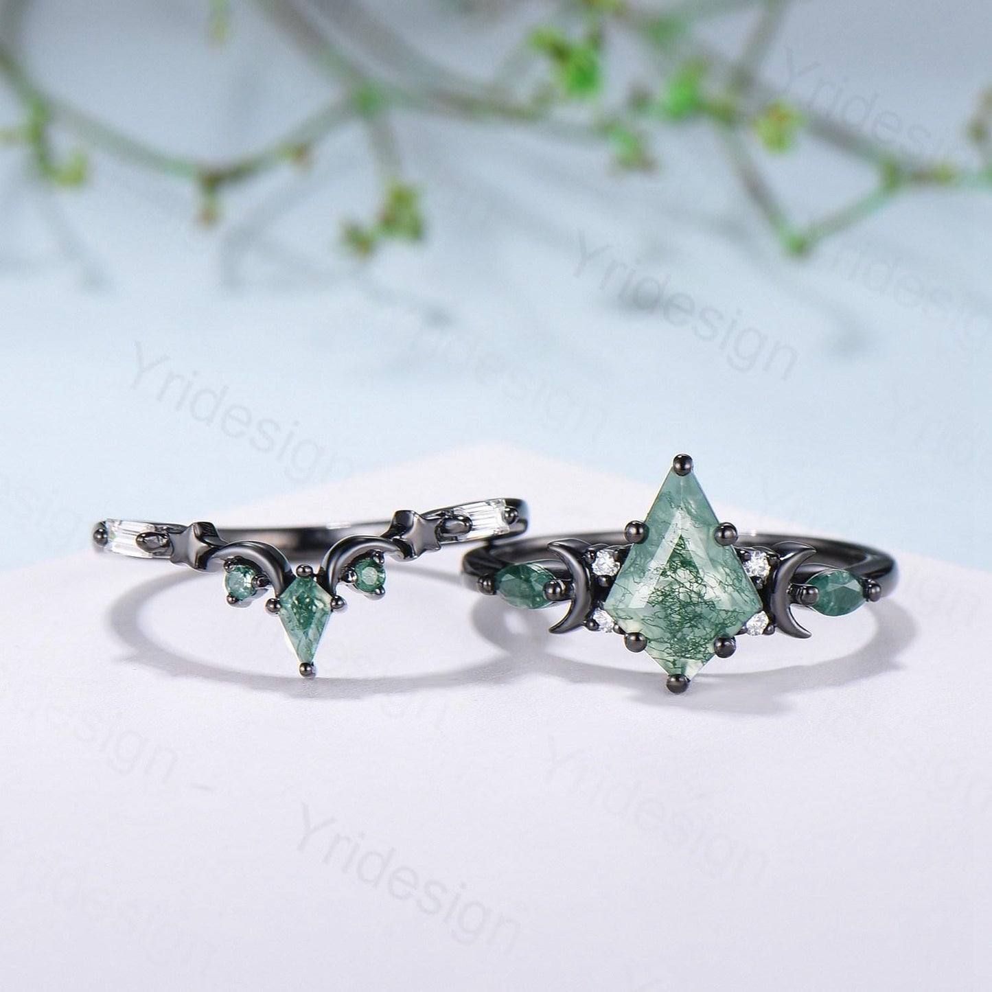 Black gold kite cut moss agate ring Unique crescent moon star engagement ring art deco delicate bridal wedding set handmade anniversary gift
