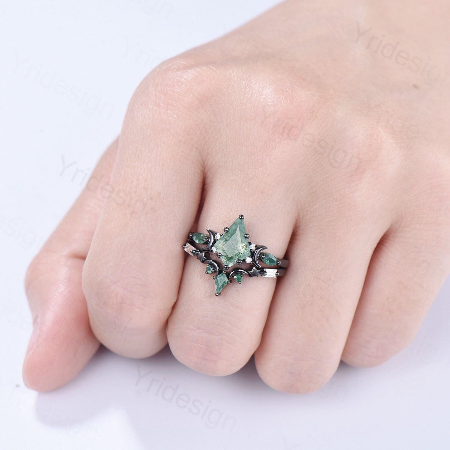 Black gold kite cut moss agate ring Unique crescent moon star engagement ring art deco delicate bridal wedding set handmade anniversary gift