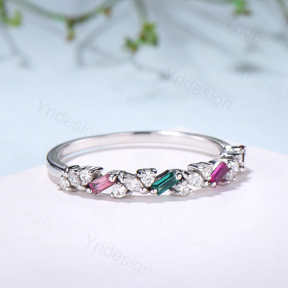 Vintage Emerald Ruby Eternity Wedding Band Women Unique Baguette Garnet Stackable Promise Ring Marquise Matching Band Anniversary Gift Women