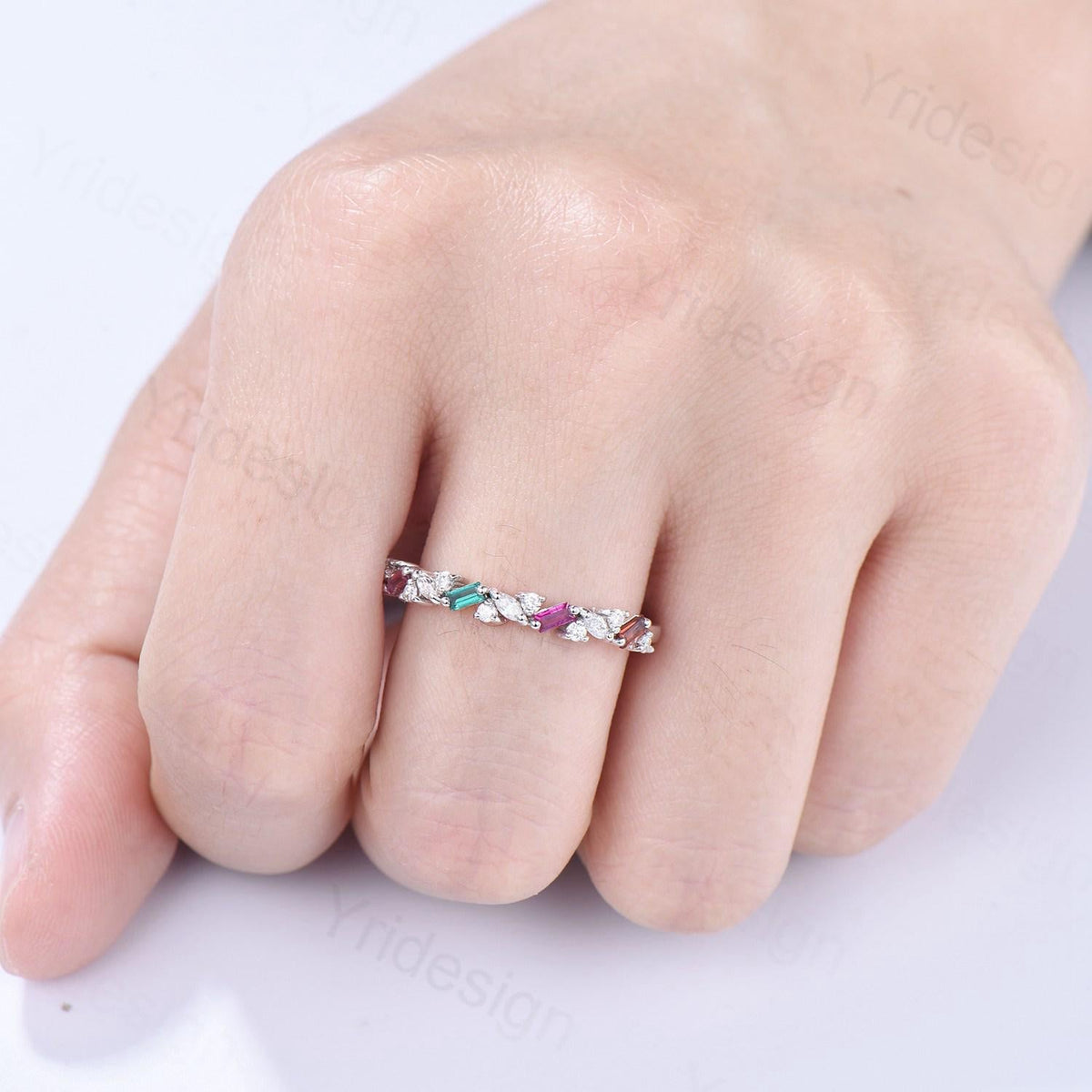 Vintage Emerald Ruby Eternity Wedding Band Women Unique Baguette Garnet Stackable Promise Ring Marquise Matching Band Anniversary Gift Women