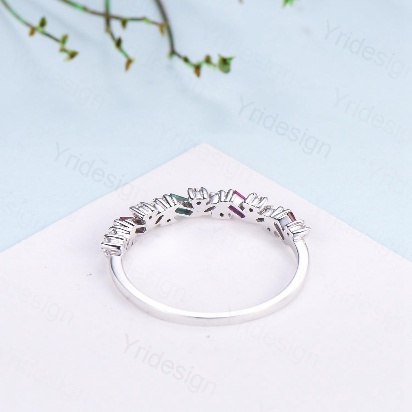 Vintage Emerald Ruby Eternity Wedding Band Women Unique Baguette Garnet Stackable Promise Ring Marquise Matching Band Anniversary Gift Women