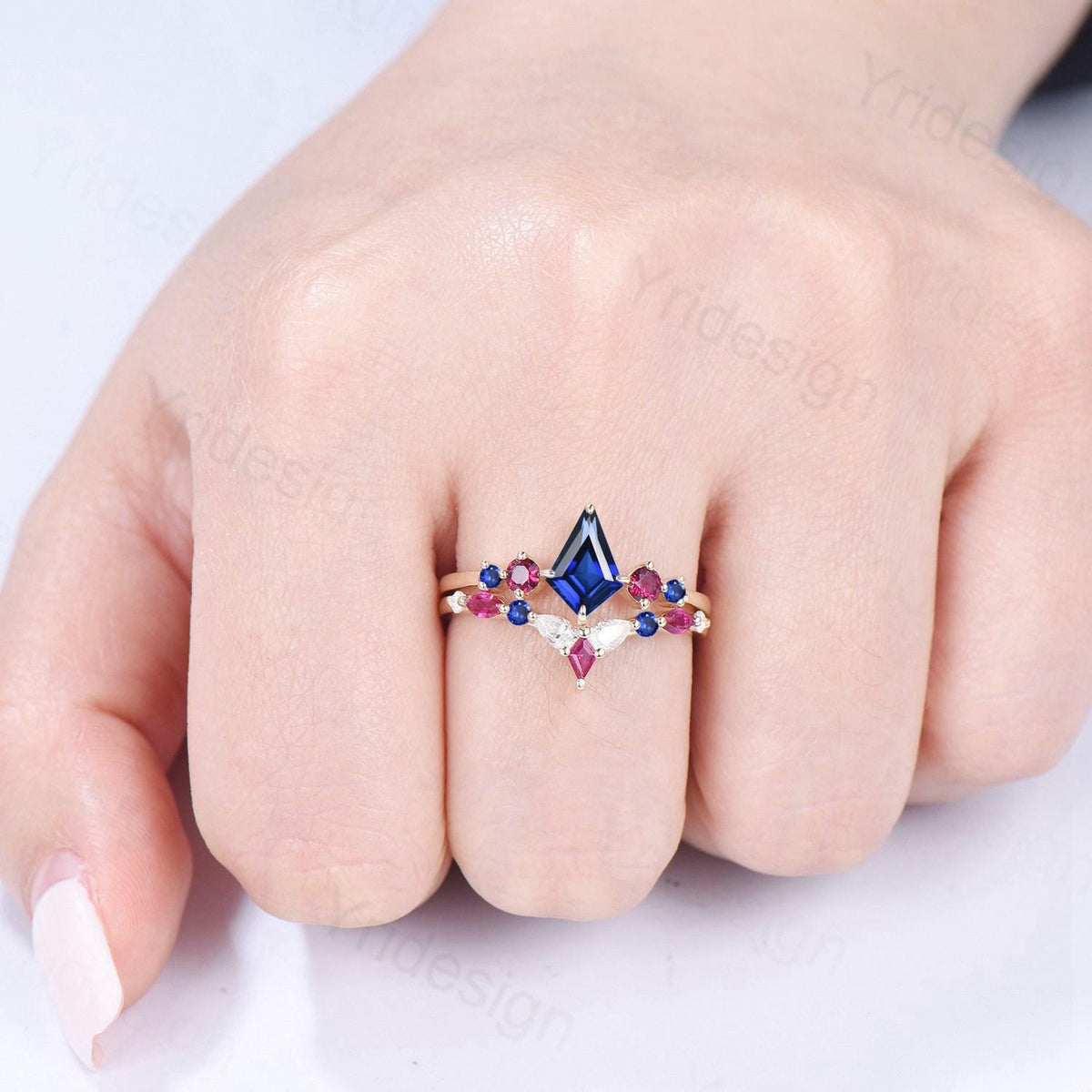 Vintage Kite Cut Sapphire Engagement Ring Set Five Stone Sapphire Ruby Wedding ring Set 14K Yellow Gold Art Deco 2pcs Bridal Ring Set Women