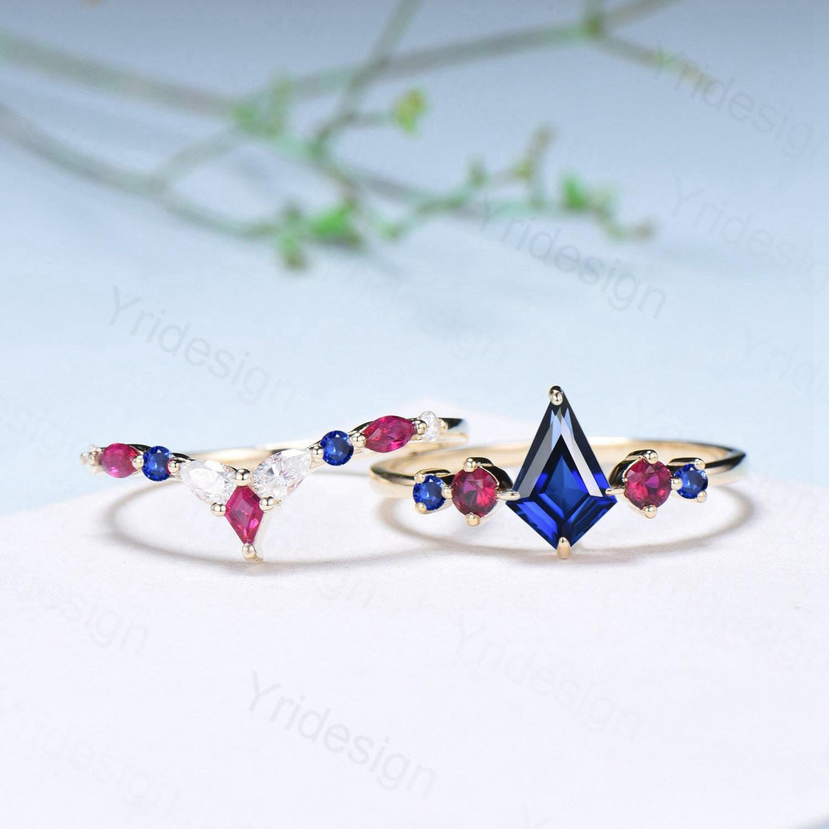 Vintage Kite Cut Sapphire Engagement Ring Set Five Stone Sapphire Ruby Wedding ring Set 14K Yellow Gold Art Deco 2pcs Bridal Ring Set Women