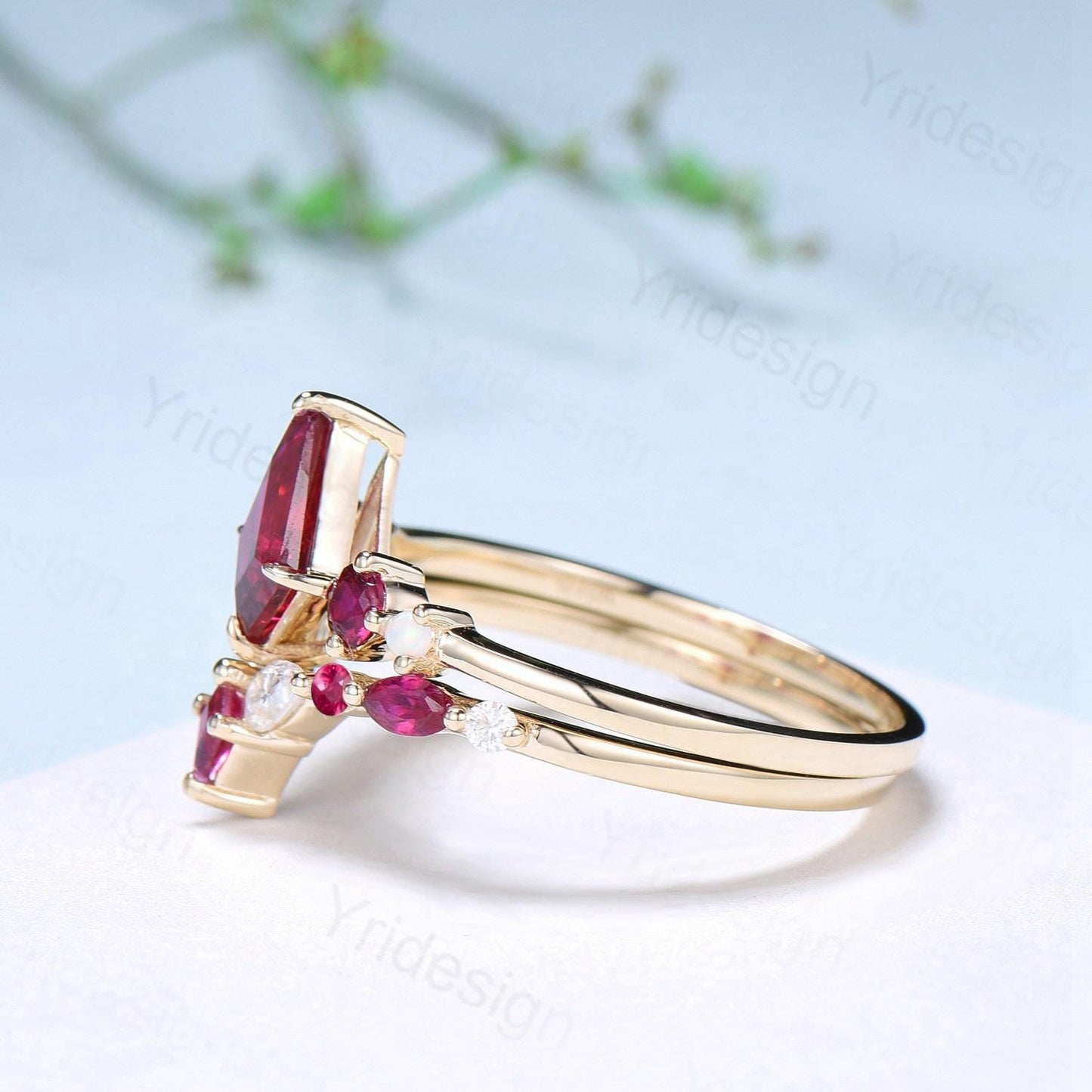 Vintage Kite Fire Opal Engagement Ring Set White Opal Ruby Wedding ring Set Art Deco Anniversary Gift 2Pcs 14K Yellow Gold Bride Set Women