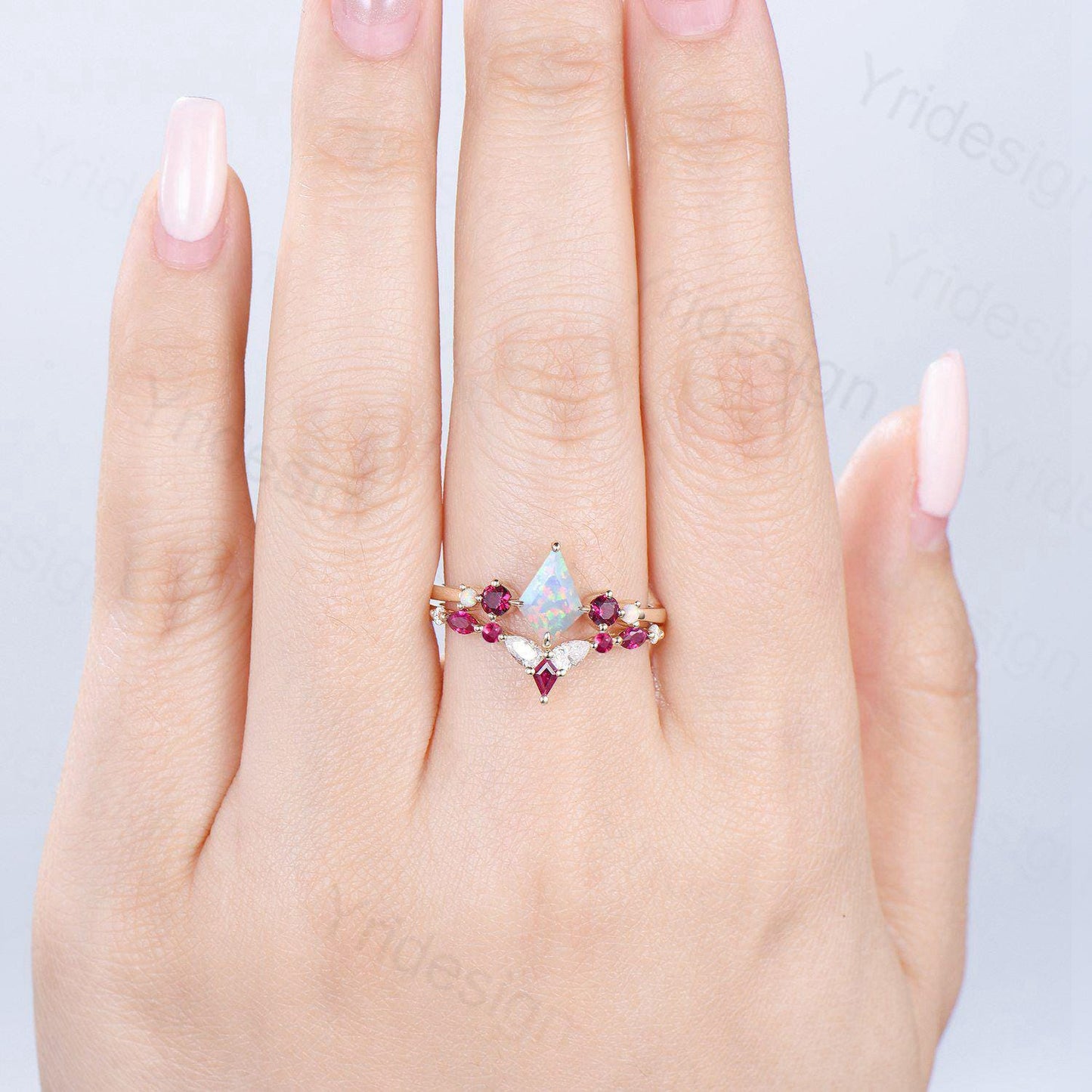 Vintage Kite Fire Opal Engagement Ring Set White Opal Ruby Wedding ring Set Art Deco Anniversary Gift 2Pcs 14K Yellow Gold Bride Set Women