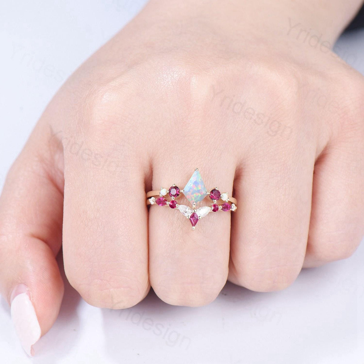 Vintage Kite Fire Opal Engagement Ring Set White Opal Ruby Wedding ring Set Art Deco Anniversary Gift 2Pcs 14K Yellow Gold Bride Set Women
