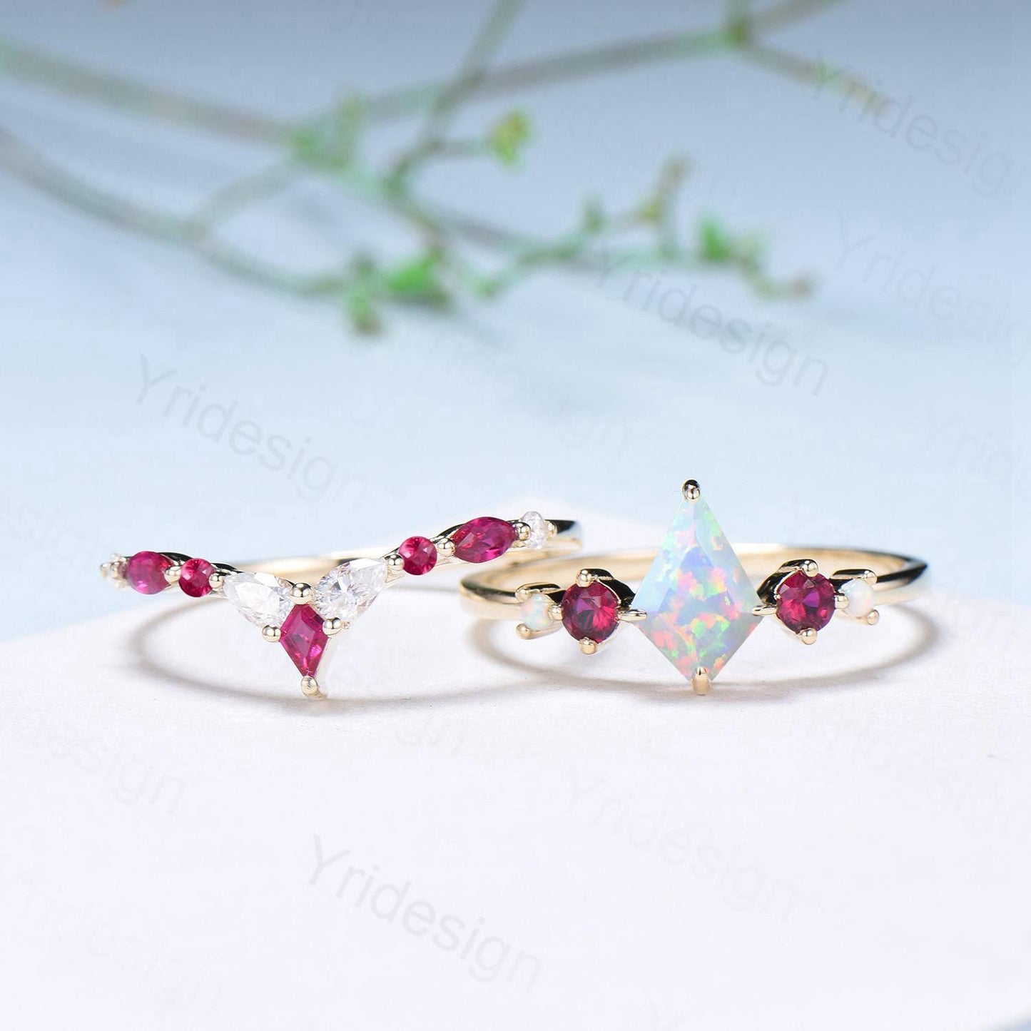 Vintage Kite Fire Opal Engagement Ring Set White Opal Ruby Wedding ring Set Art Deco Anniversary Gift 2Pcs 14K Yellow Gold Bride Set Women
