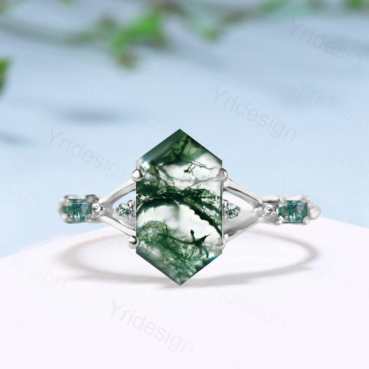 Split Shank Long Hexagon cut natural green moss agate engagement ring baguette agate five stone wedding ring elegant anniversary gift women