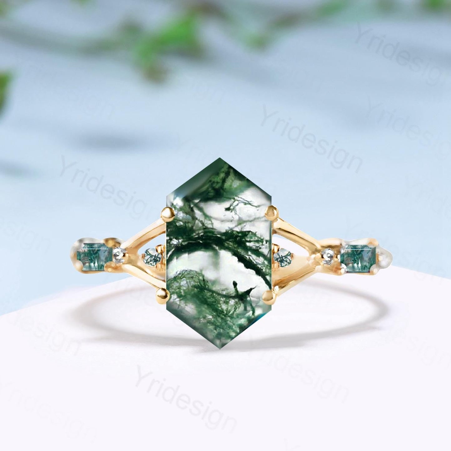 Split Shank Long Hexagon cut natural green moss agate engagement ring baguette agate five stone wedding ring elegant anniversary gift women
