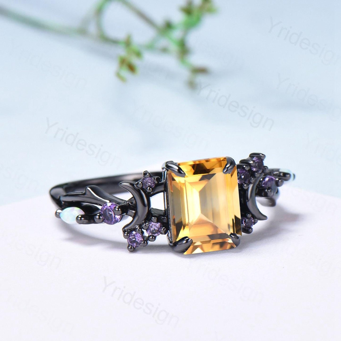 Unique Black Gold Citrine Ring Emerald Cut November Birthstone Moon Engagement Ring Cluster Opal Amethyst Wedding Ring Anniversary Gifts