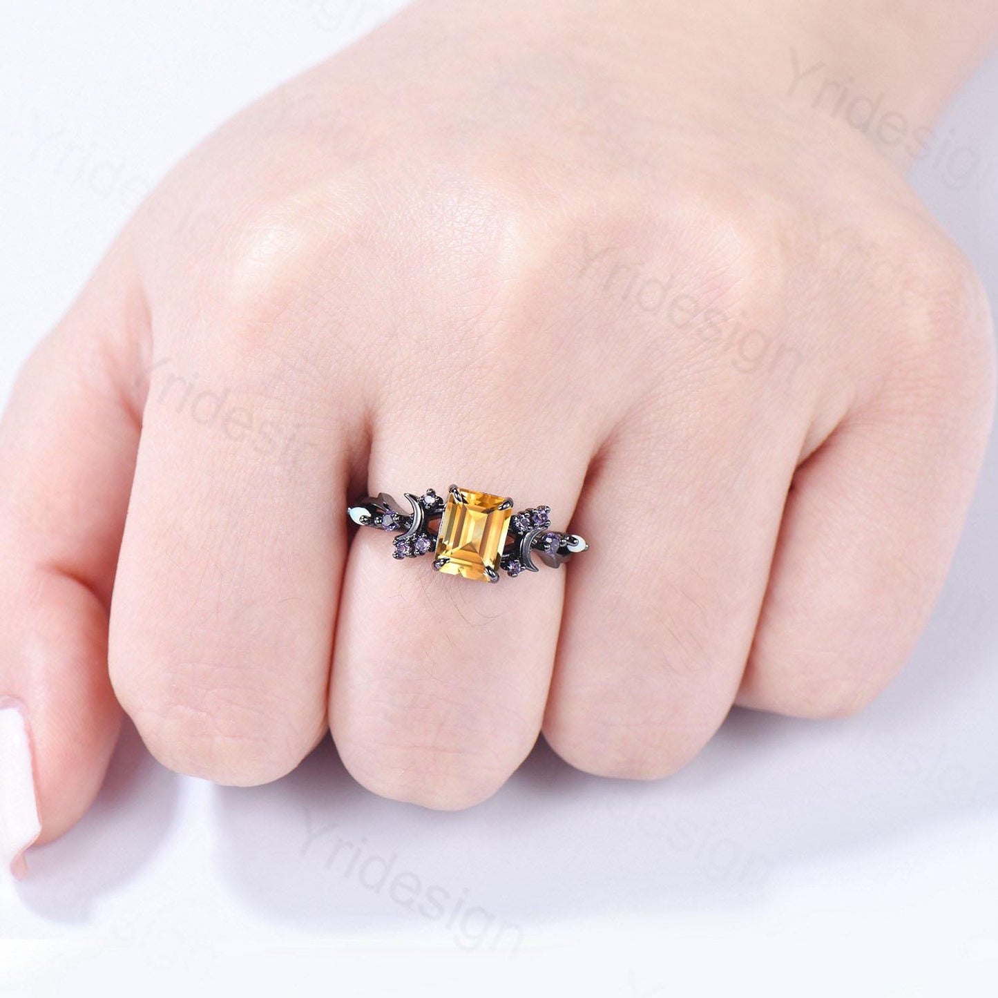 Unique Black Gold Citrine Ring Emerald Cut November Birthstone Moon Engagement Ring Cluster Opal Amethyst Wedding Ring Anniversary Gifts