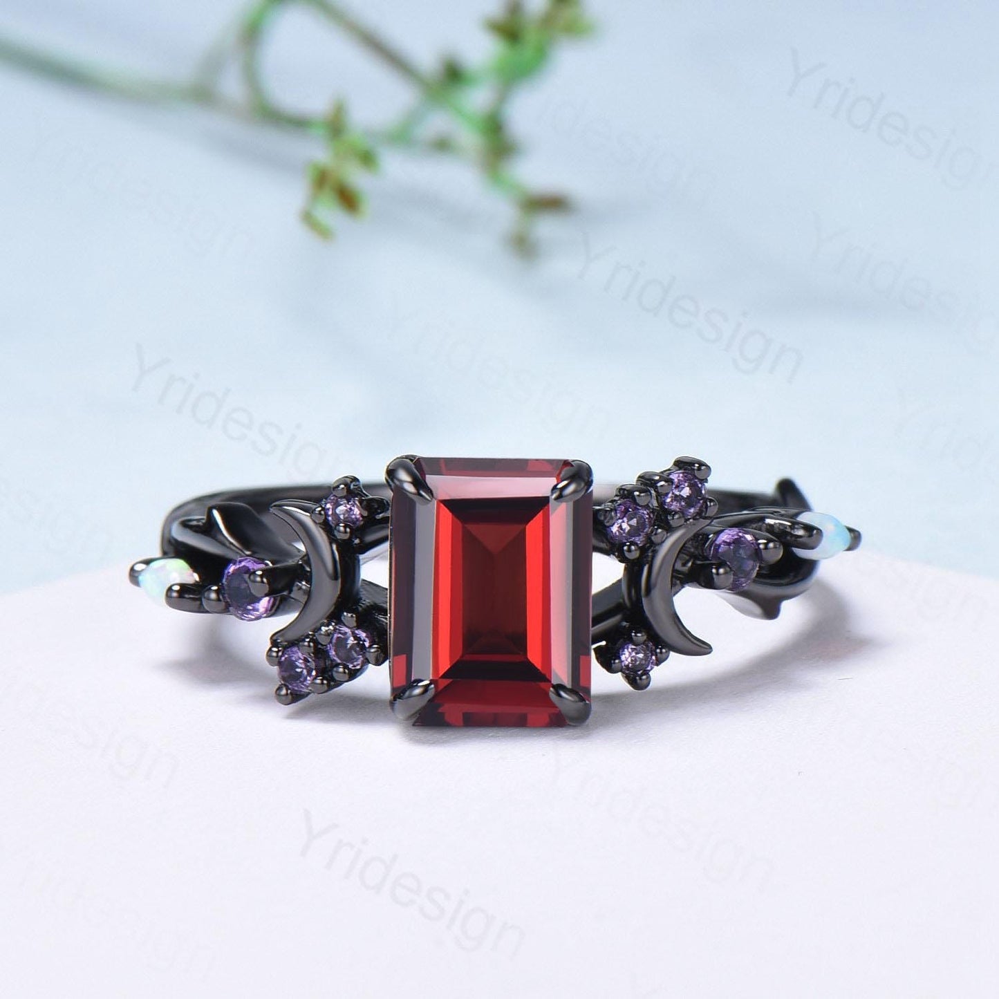 Unique Black Gold Emerald Cut Garnet Ring Art Deco Moon January Birthstone Engagement Ring Cluster Opal Amethyst Wedding Anniversary Gifts
