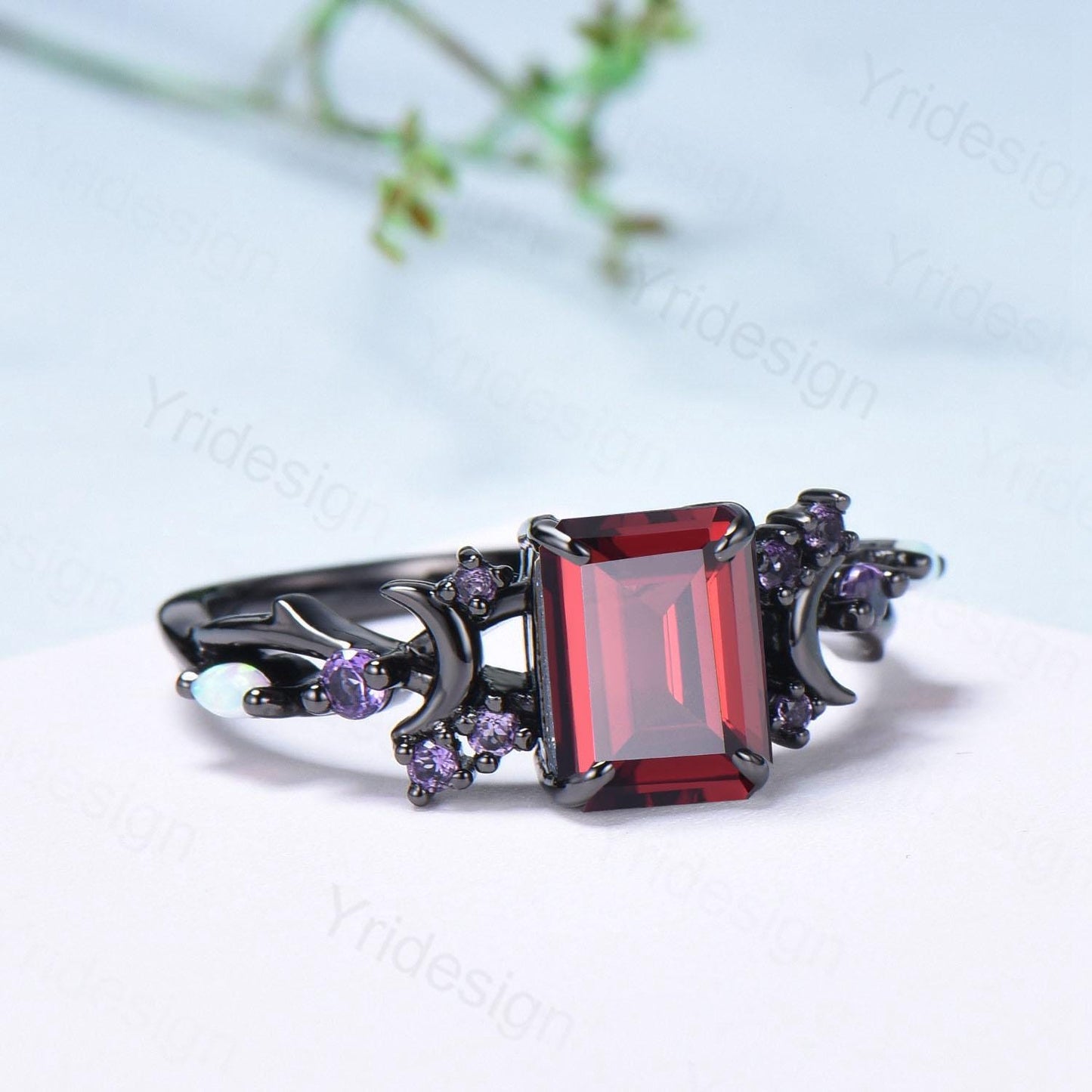 Unique Black Gold Emerald Cut Garnet Ring Art Deco Moon January Birthstone Engagement Ring Cluster Opal Amethyst Wedding Anniversary Gifts