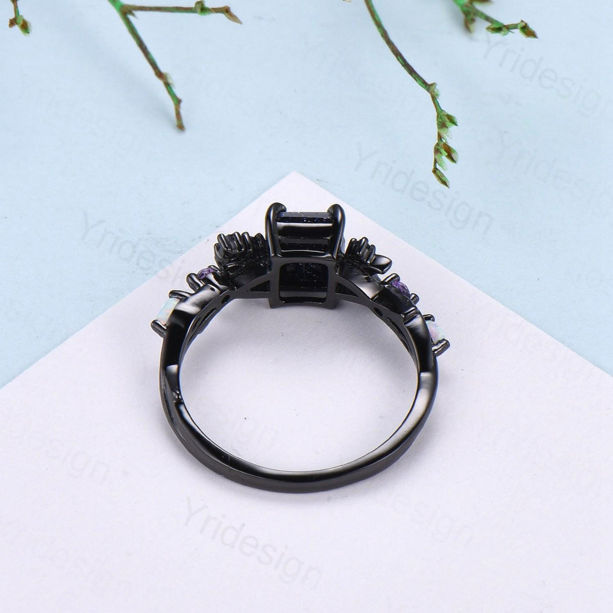 Unique Black Gold Emerald Cut Garnet Ring Art Deco Moon January Birthstone Engagement Ring Cluster Opal Amethyst Wedding Anniversary Gifts