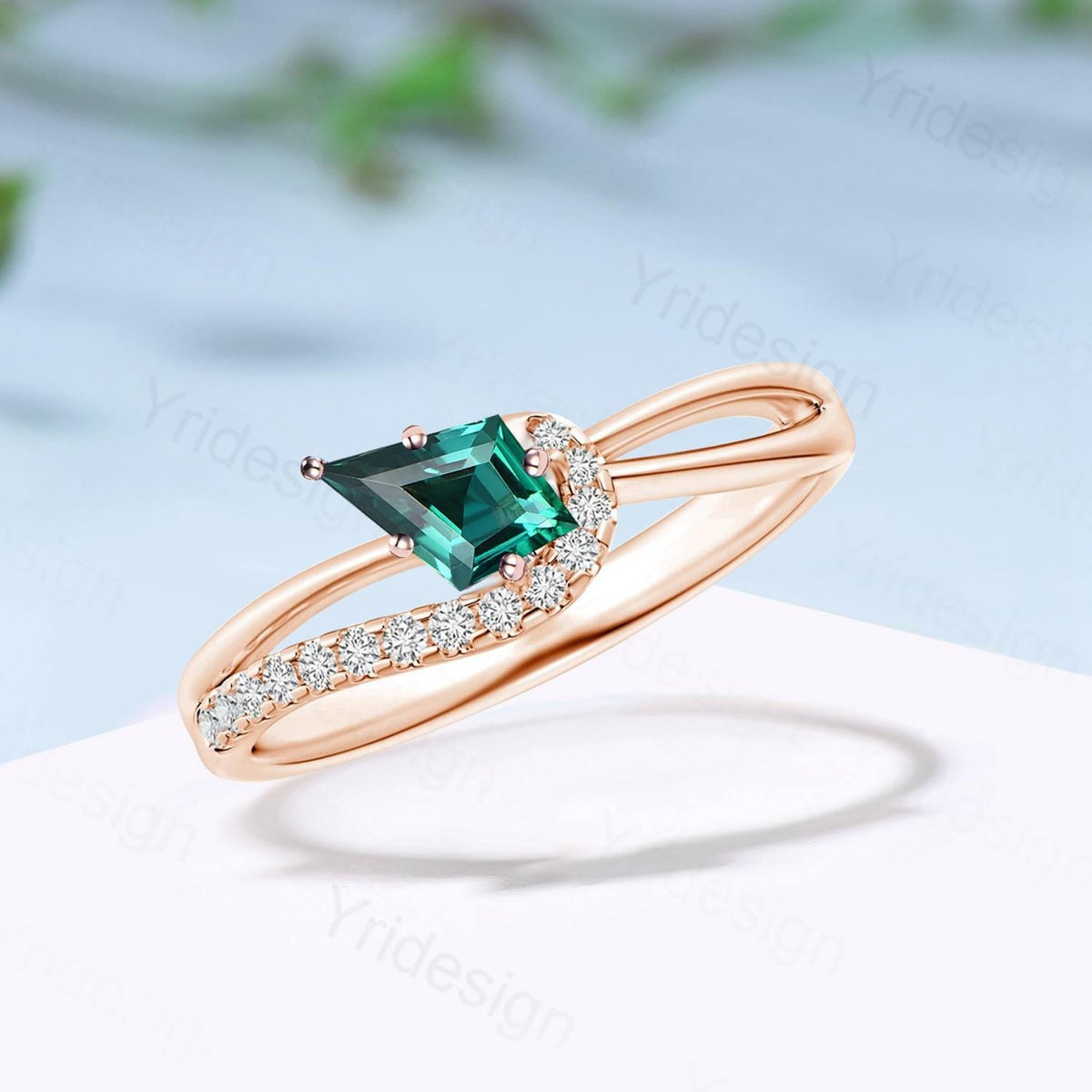 Unique Kite cut emerald engagement ring split shank silver rose gold green stone eternity may birthstone wedding ring mom anniversary gifts