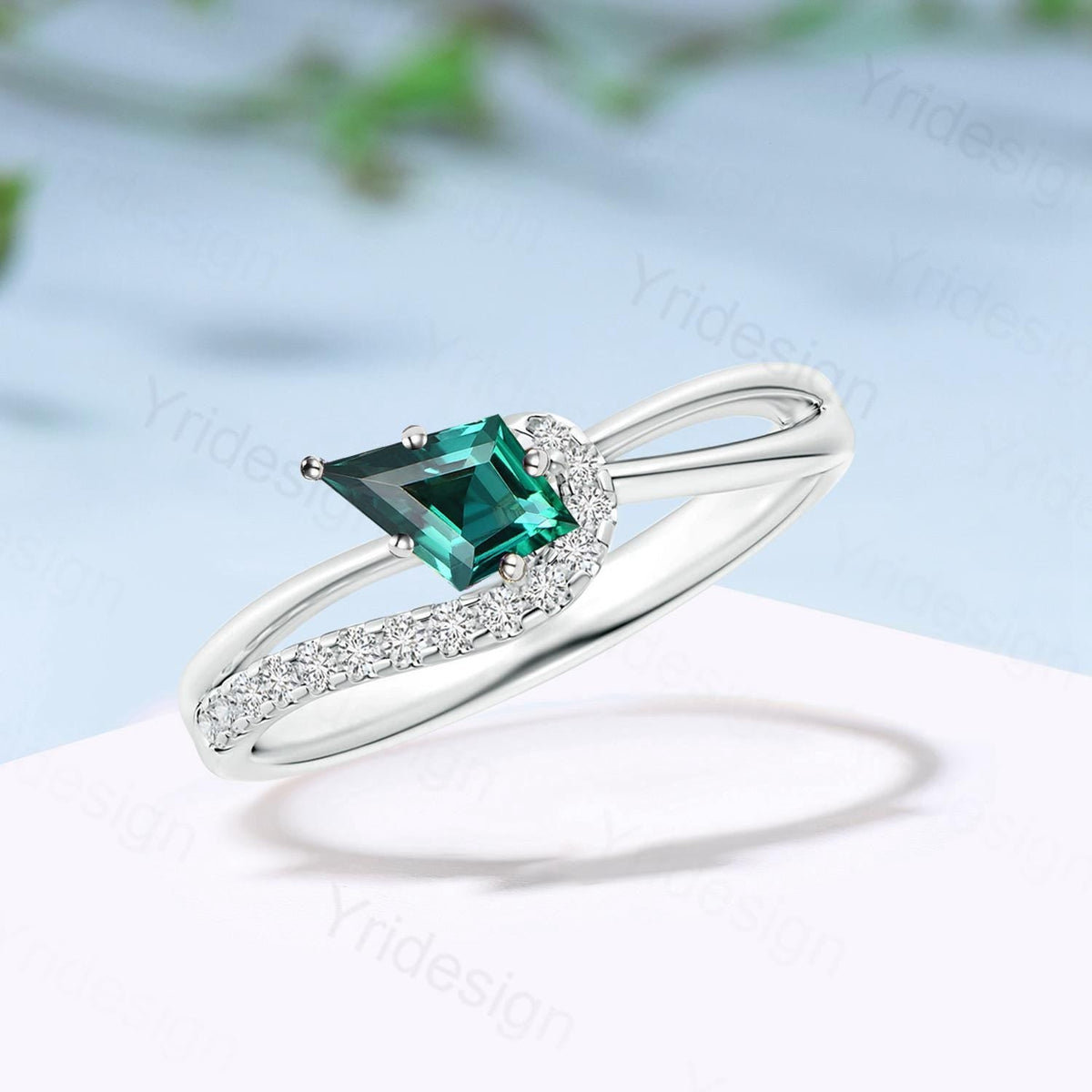 Unique Kite cut emerald engagement ring split shank silver rose gold green stone eternity may birthstone wedding ring mom anniversary gifts