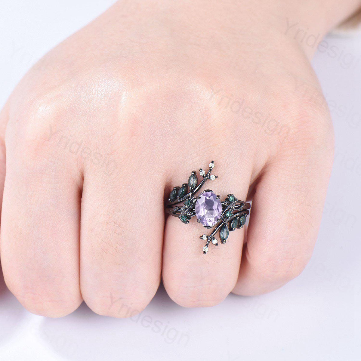 Nature Inspired Lavender Amethyst Engagement ring set black gold unique leaf vine marquise moss agate ring gothic 2pcs bridal wedding set